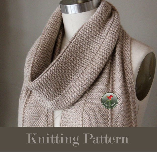 Knitted textured scarf on a mannequin with a 'Knitting Pattern' text overlay