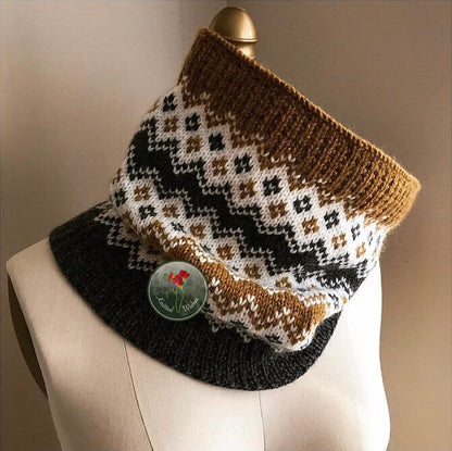Knitted colorwork cowl with geometric pattern on a mannequin against a neutral background