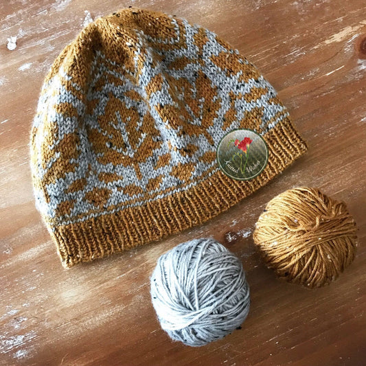 Knitted stranded colorwork hat with a pattern and  two balls of yarn